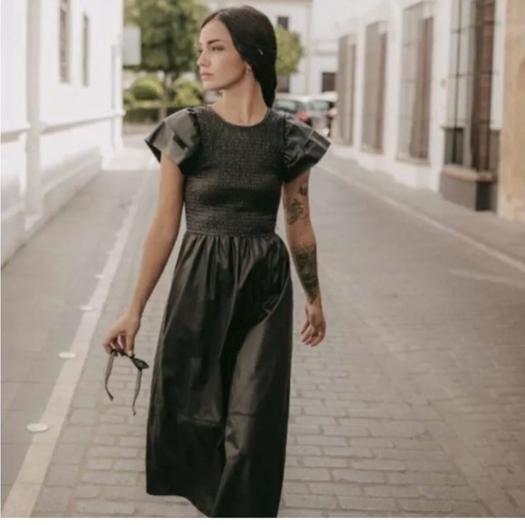 NWT Zara Black Faux Leather Smocked Midi Dress - Picture 3 of 10
